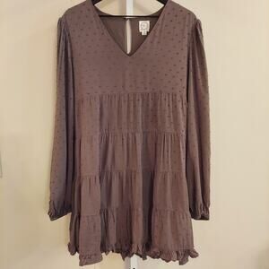 Blue Rain Dress‎ M Long Sleeve Tiered Knee Length Swiss Dot Olive Green Cottage